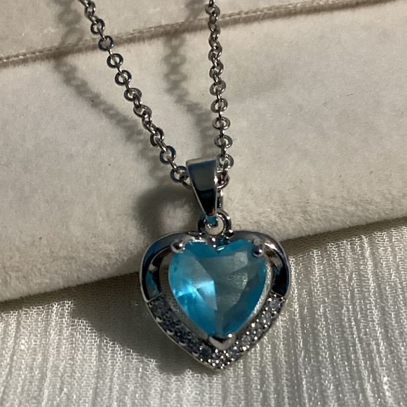 - Aqua Marine Blue Color enhanced Heart Pendant Silver Necklace - Picture 3 of 16